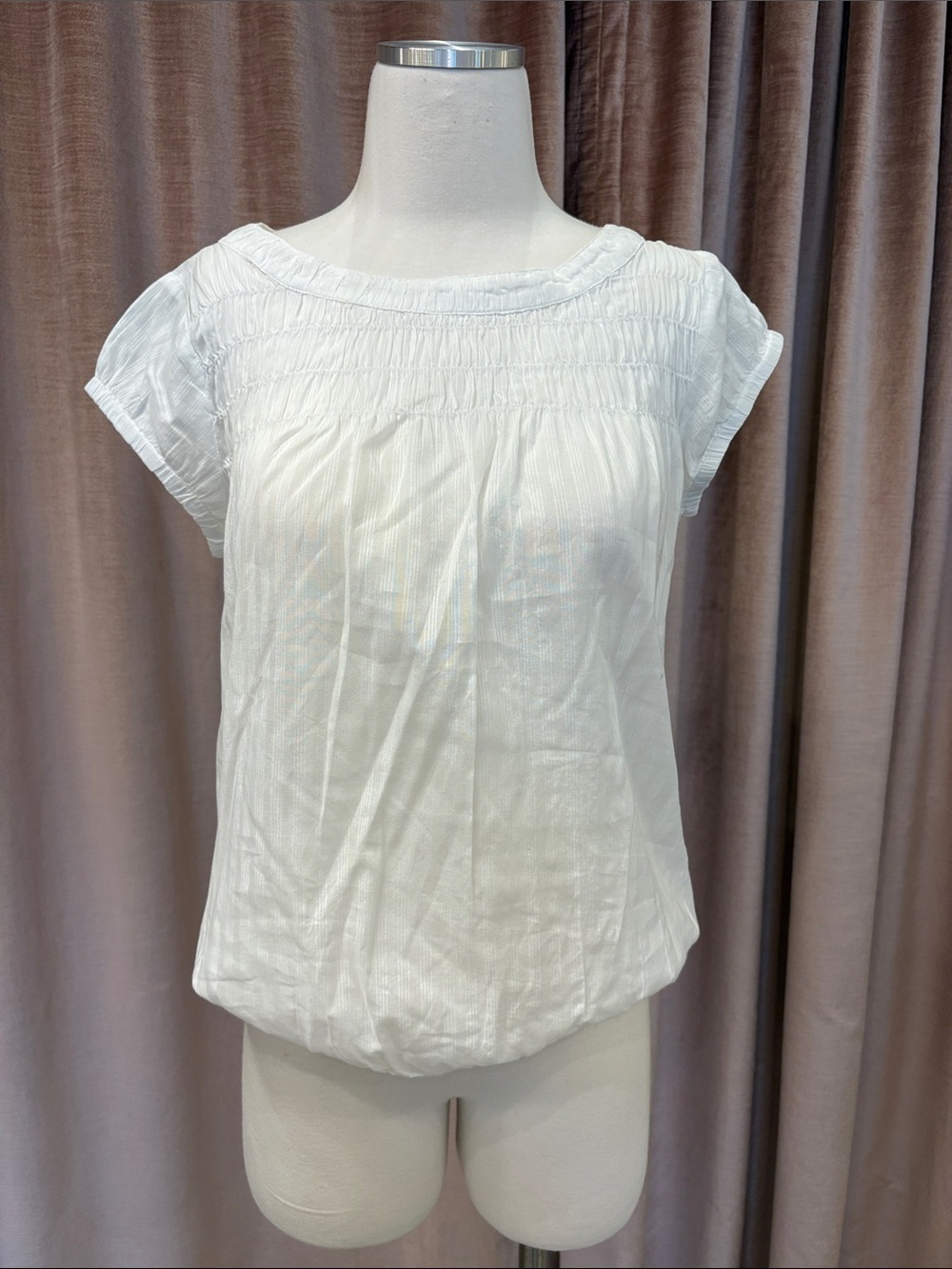 White Smocked Yoke Short Sleeve Women's Top